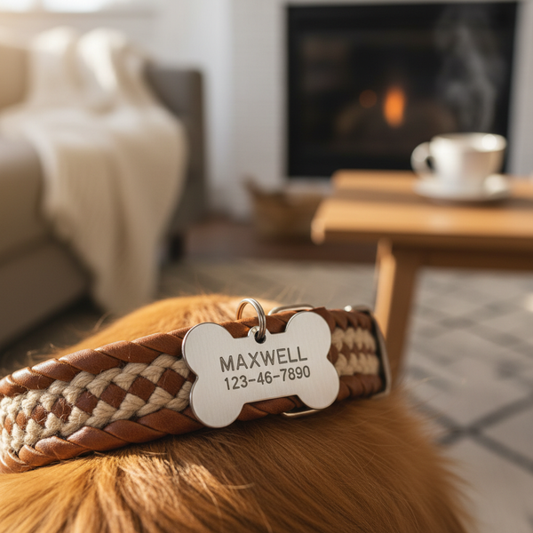 Bone-shaped stainless steel dog tag lifestyle photo