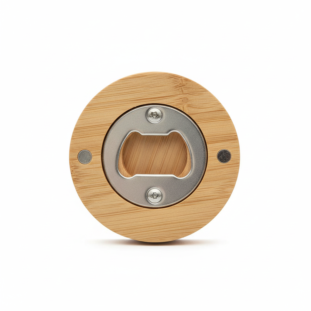 Personalised round wooden bottle opener top view