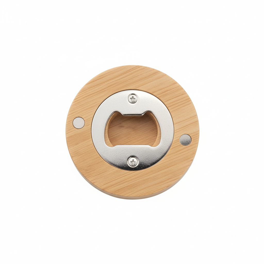 Personalised round wooden bottle opener showing mechanism